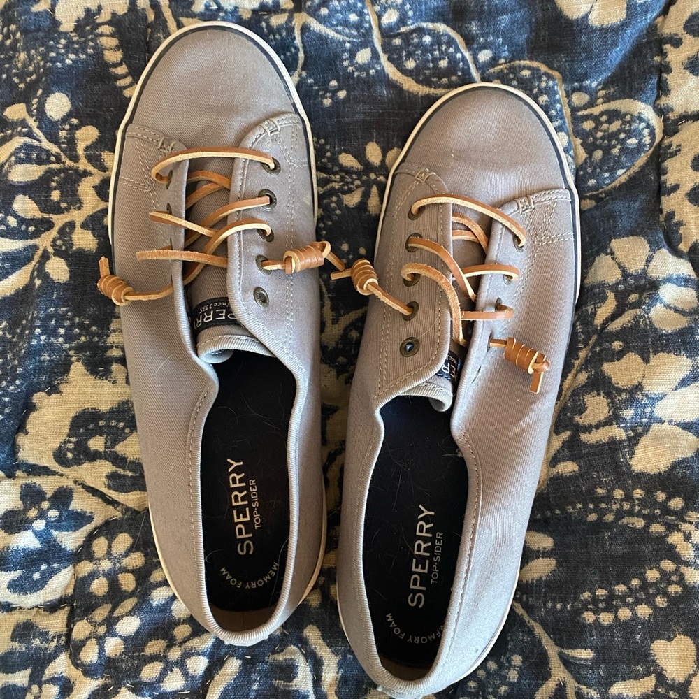 Sperry topsider sneakers. Gray canvas uppers. White bottoms. Women’s size 10.